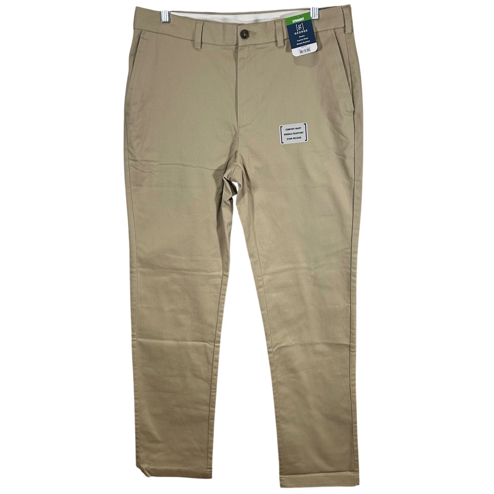 George Mens Straight Premium Khaki Pants Stone Wash Tan 34x34 Stretch New